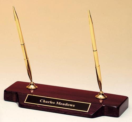 Double Pen Desk Set on a Rosewood Piano Finish Base.