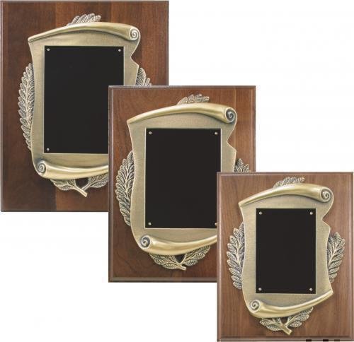 Genuine Walnut Plaque with Metal Scroll Relief