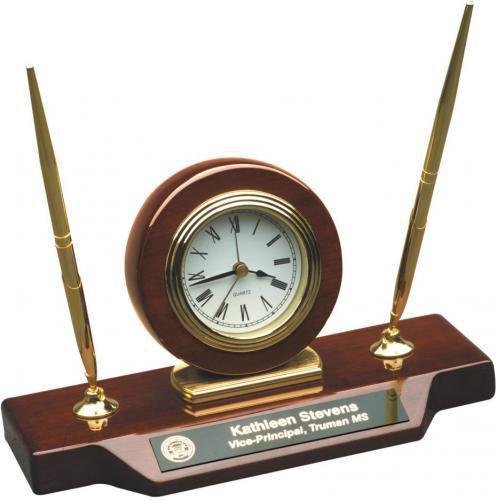 Rosewood Piano Finish Desk Clock W/Two Pens